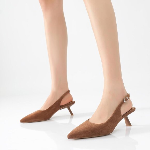 Mostrin Kitten Heels Brown Suede Low Slingback Heels with Buckle Dress Shoes - Picture 5 of 9